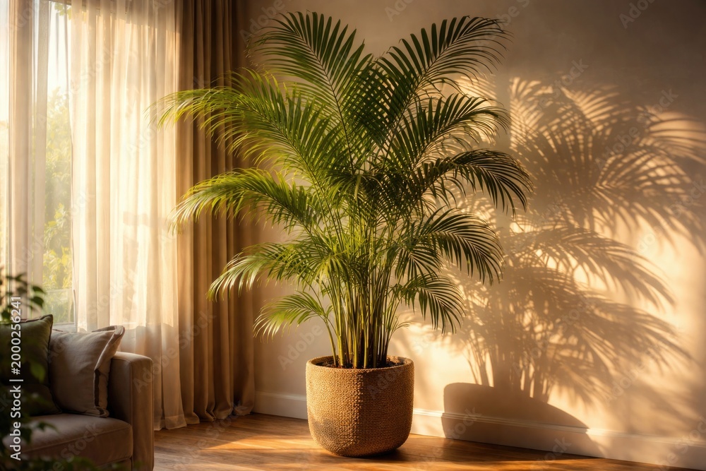 Fototapeta premium Indoor Areca palm soaking in gentle afternoon light with decorative shadows