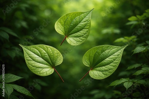 Houttuynia cordata leaves displayed individually on a rich verdant green backdrop