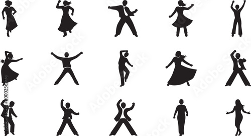 Black silhouette of people in various poses and activities