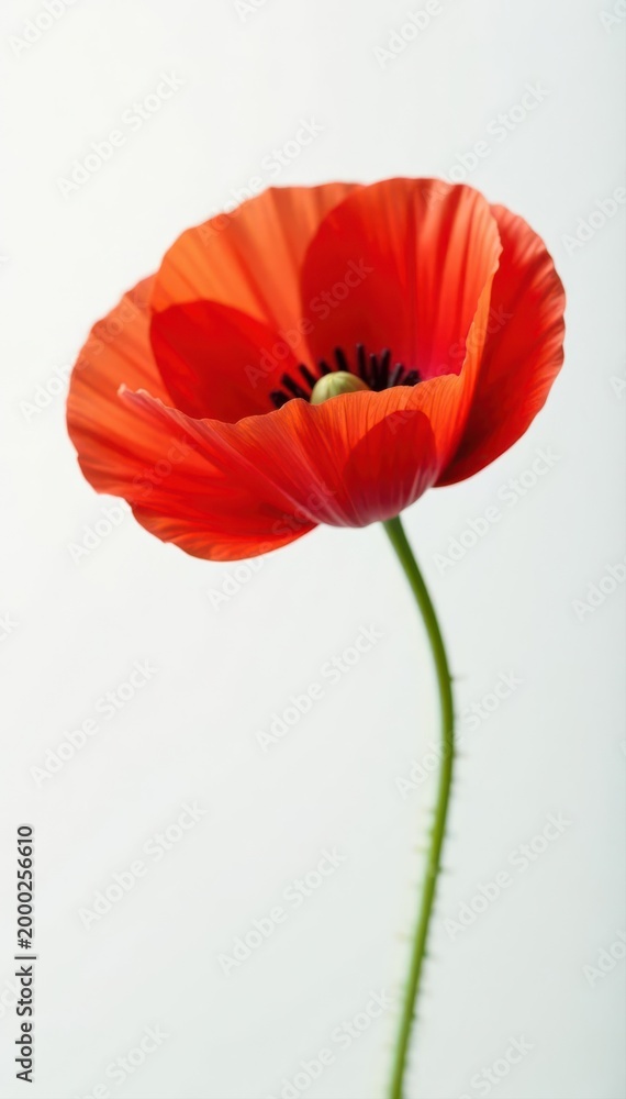 Obraz premium Single red poppy flower, delicate petals, white backdrop , red, red poppy flower