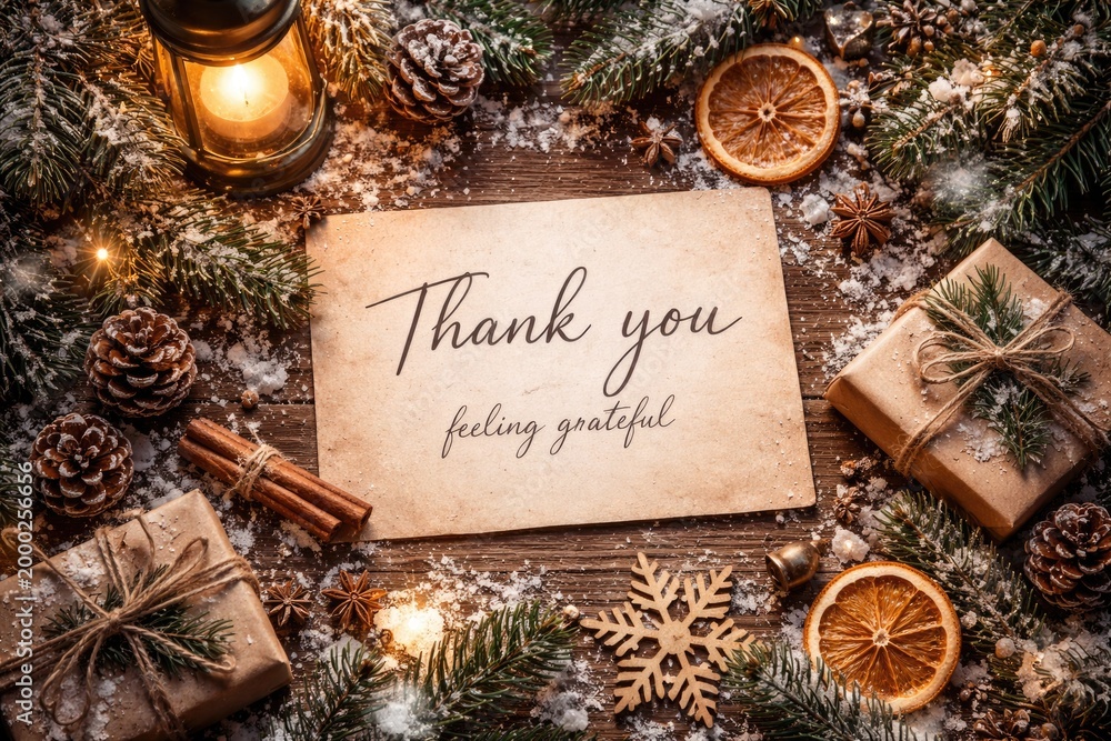Obraz premium Gratitude note in winter flat lay accented by snow and evergreen festive accessories