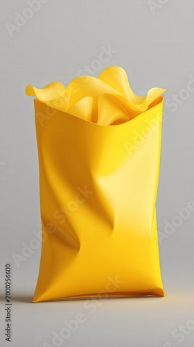 Yellow snack bag with crinkled texture and opened top for food packaging design