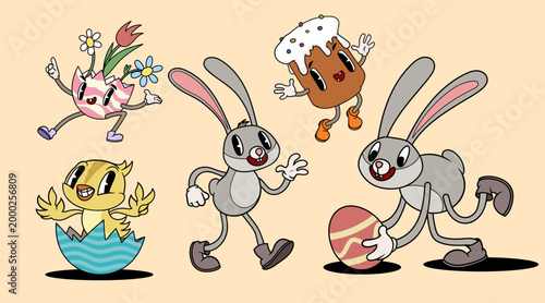 Groovy retro Easter cartoon characters set. Easter bunny, eggs, chick and glazed kulich (sweet bread) on light green check background. Vector illustrations.