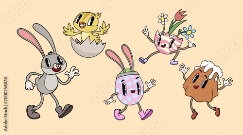 Groovy retro Easter cartoon characters set. Easter bunny, eggs, chick and glazed kulich (sweet bread) on light green check background. Vector illustrations.
