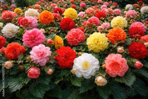 Full view of colorful tuberous begonias representing various cultivated Begonia types