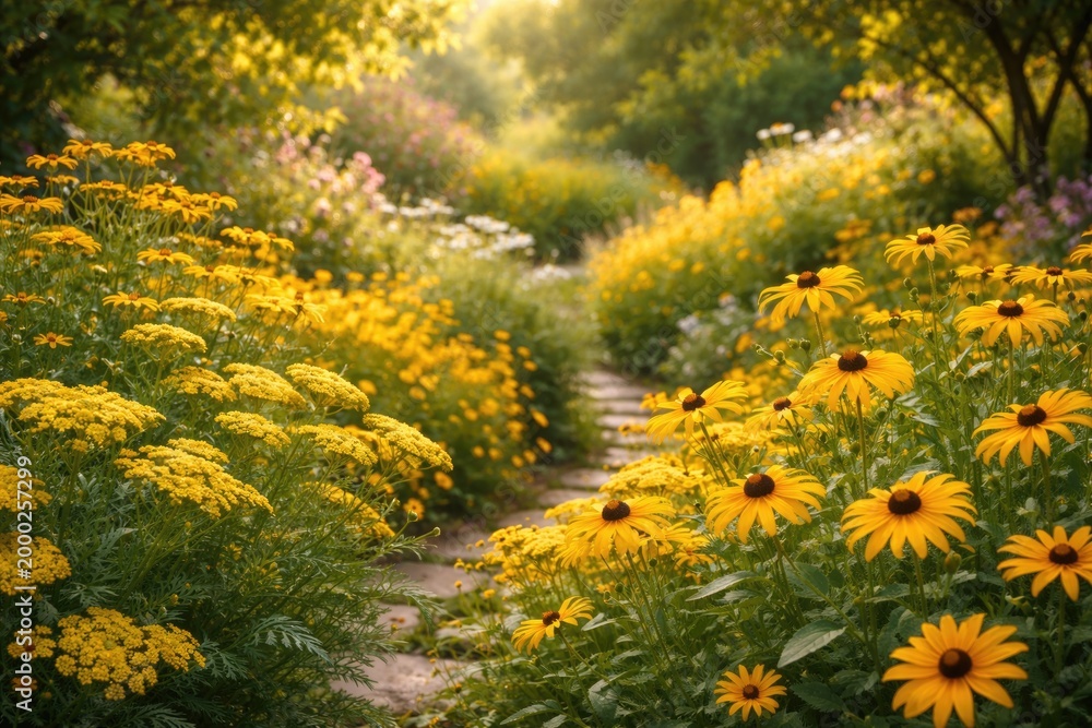 Obraz premium Lush garden background with bright yellow blooms highlighting seasonal floral beauty
