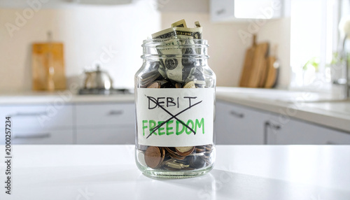 A glass savings jar overflowing with money symbolizes the path to financial freedom. This conceptual image represents debt relief, personal budgeting, and longterm economic independence.