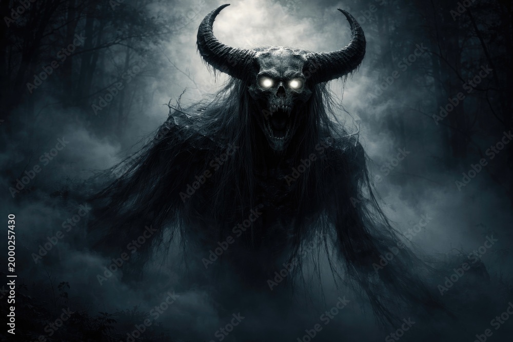 Fototapeta premium Ghostly horned demon apparition in a gloomy fog filled night