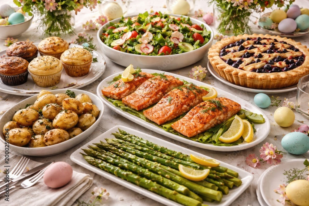 Fototapeta premium Easter meal showcasing salmon fillets, steamed asparagus, leafy salad, seasoned potatoes, muffins, and berry pie dessert