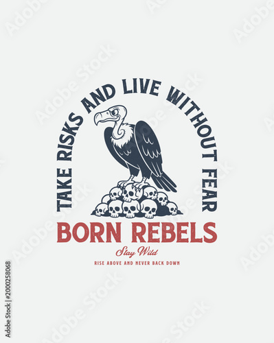 Vulture perched on a pile of skulls with inspirational text.