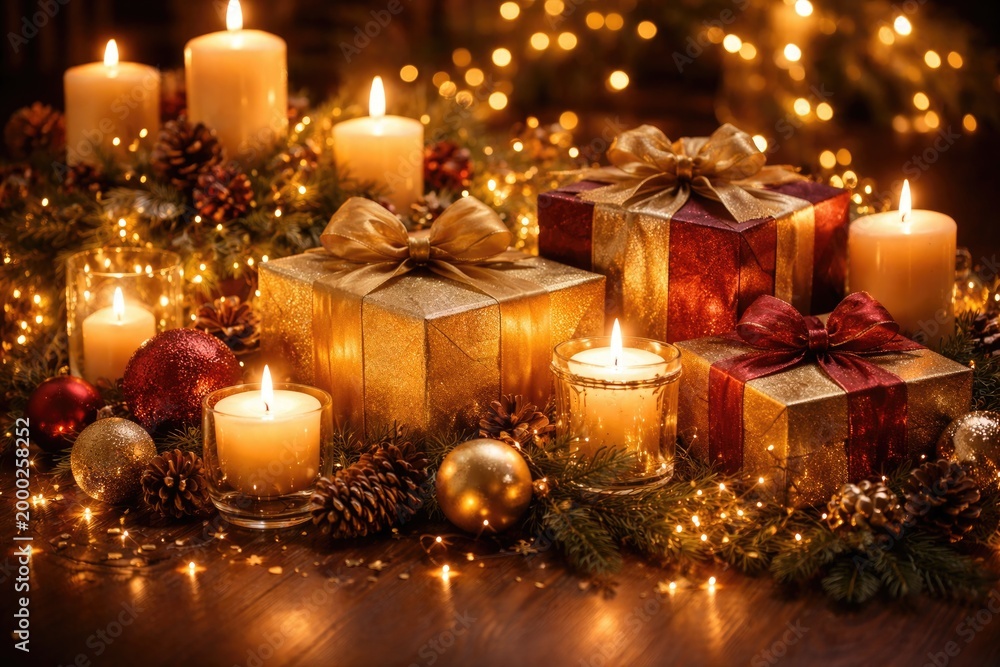 Fototapeta premium Festive display of candles gift boxes and ornaments for a warm holiday mood