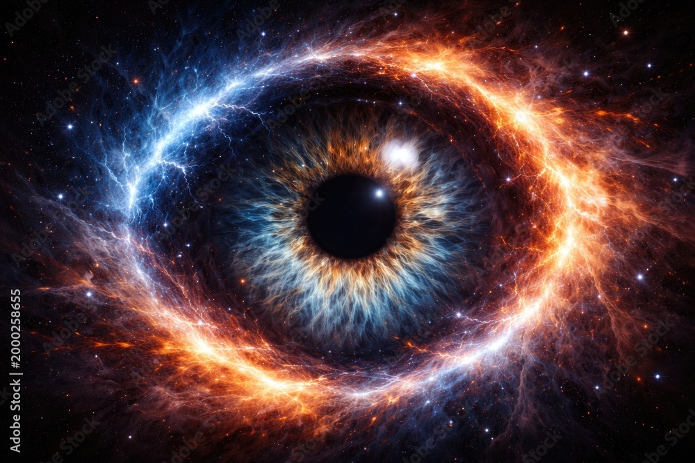 Fototapeta premium Glowing space ring of electric blue and fiery orange nebula around an iris