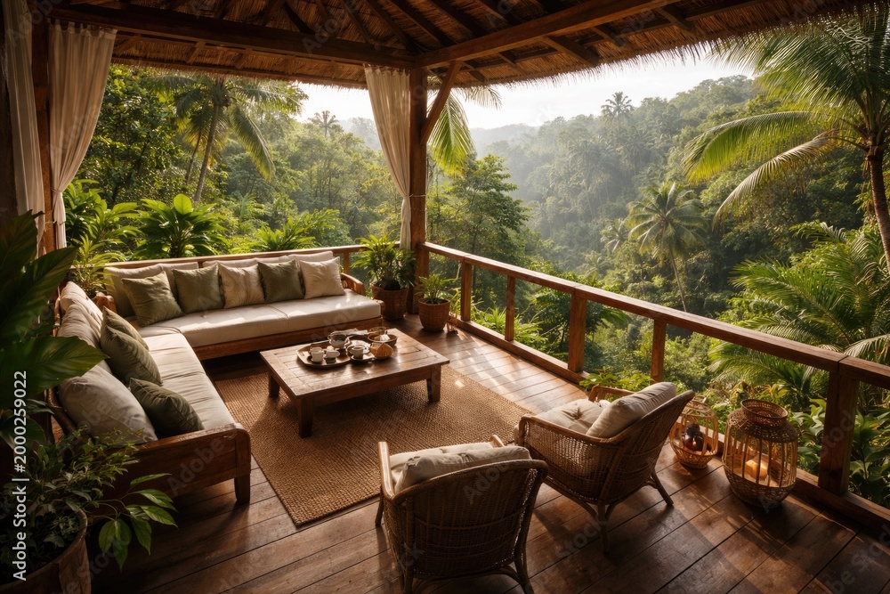 Fototapeta premium elevated look at a wooden veranda amidst a rich tropical green landscape