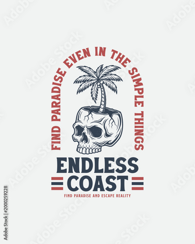 Skull with Palm Tree and Tropical Beach Slogan.