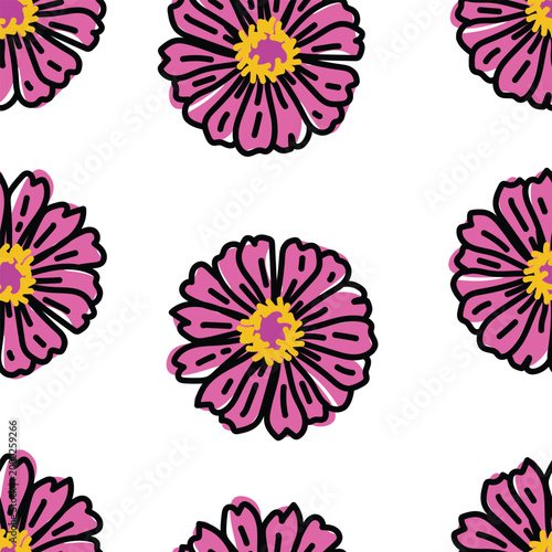 Seamless hand drawn zinnia flower pattern with abstract coloring. Artistic floral repeat design ideal for fabric prints, packaging, stationery, and creative branding.