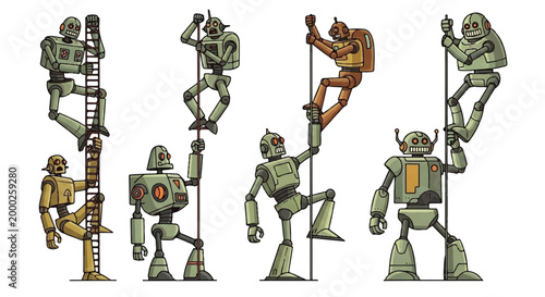 Robotic figures climbing ladders and poles in various poses