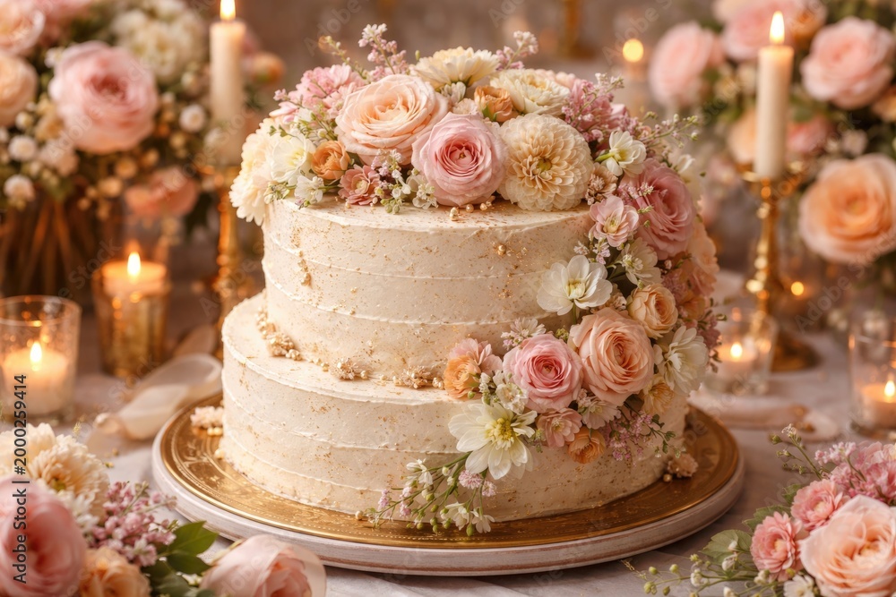 Obraz premium Decorated cake with assorted flowers perfect for special celebrations