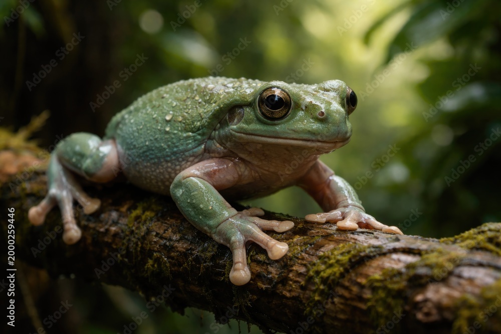Obraz premium Litoria caerulea exhibiting slow movement while perched on branch