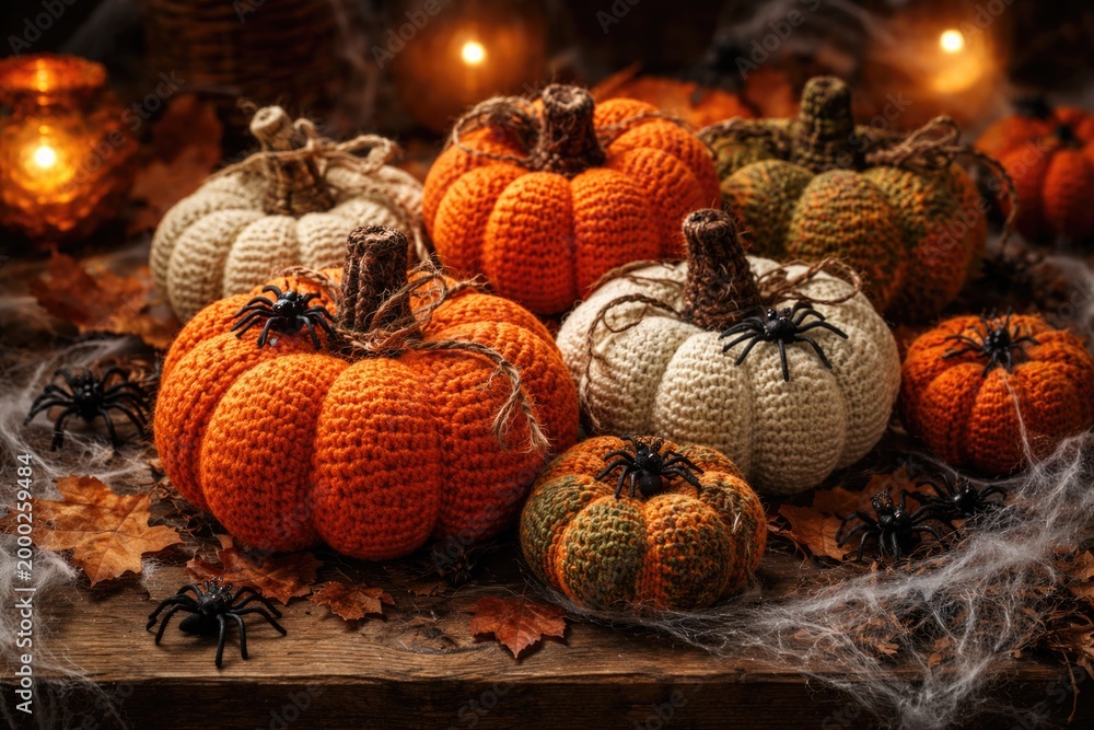 Obraz premium Halloween themed crocheted pumpkin display enhanced with artificial spider accents