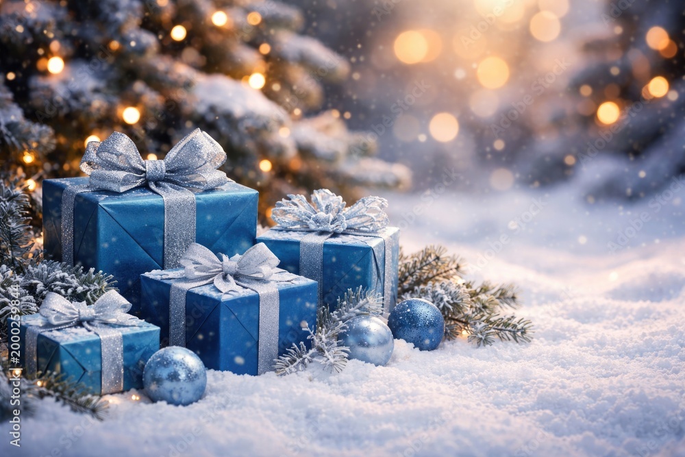 Fototapeta premium Blue wrapped gifts on snowy ground Christmas greeting card with copy space