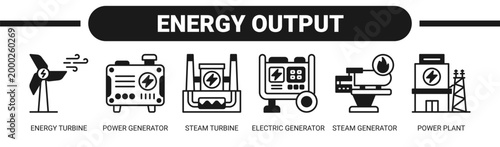 Energy Output web banner icon vector illustration concept with icons of energy turbine, power generator, steam turbine, electric generator, steam generator, and power plant. 