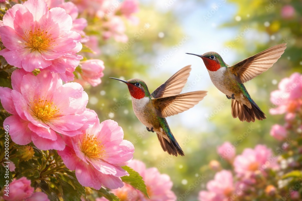 Fototapeta premium Cheerful twin hummingbirds soaring around spectacular pink floral bloom on summer day