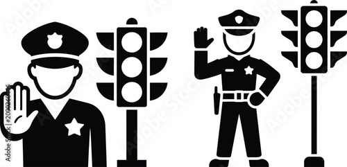 Police officers directing traffic at intersections with hand signals and traffic lights