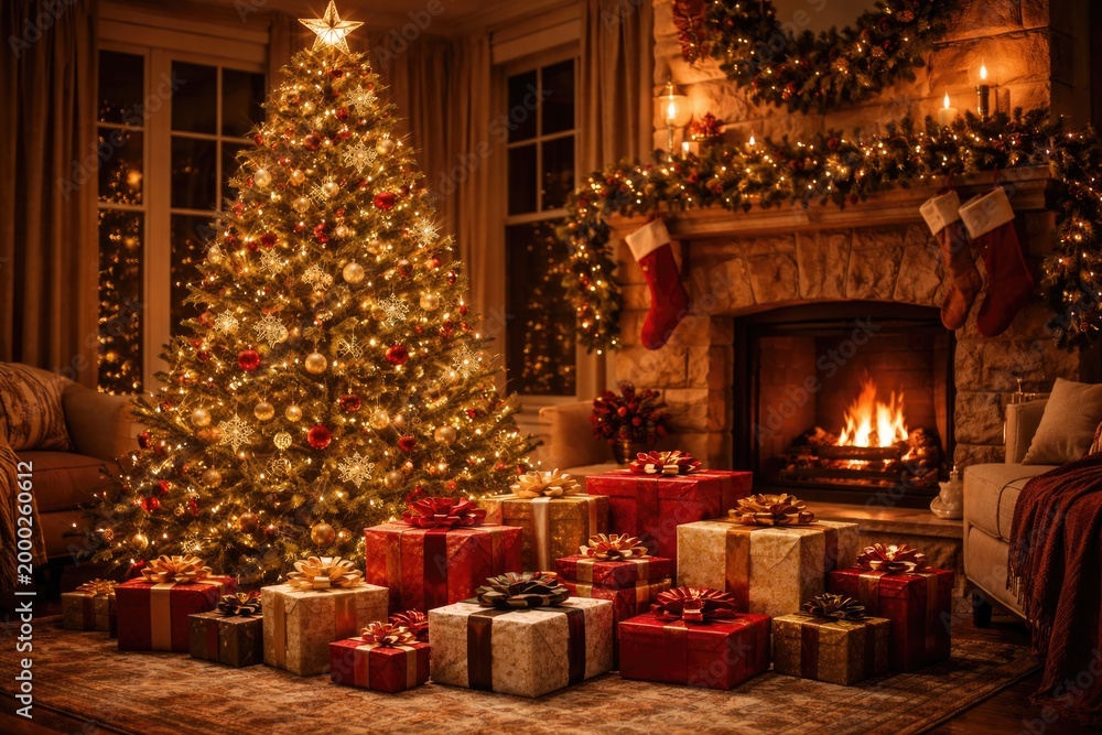 Obraz premium Christmas home interior featuring a glowing tree and carefully placed presents