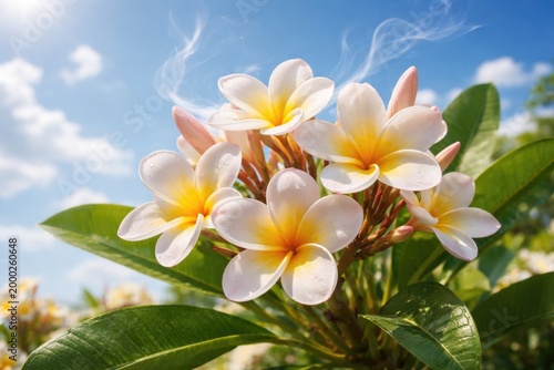 Open blue sky background showcasing a lush plumeria flower with scent