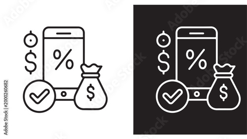 FinTech Mobile Banking Line Art with Money Bag and Percentage Symbol for Investment Concepts