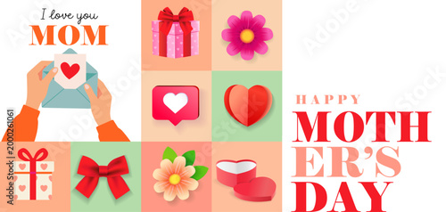 Happy Mothers Day greetings, creative art design with Holiday elements. I love you MOM, patterns with gifts, hearts and flowers. Vector illustration