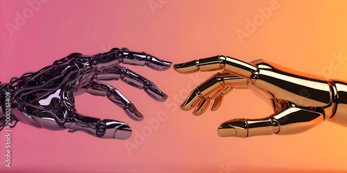 Futuristic Robot Hands Reaching Toward Each Other Representing Artificial Intelligence Connection Technology Interaction and Digital Future Concept
