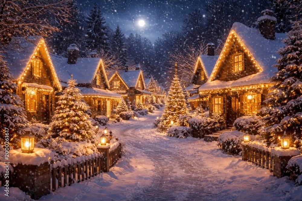Fototapeta premium Charming cozy village winter night with snow and houses glowing in festive holiday lighting