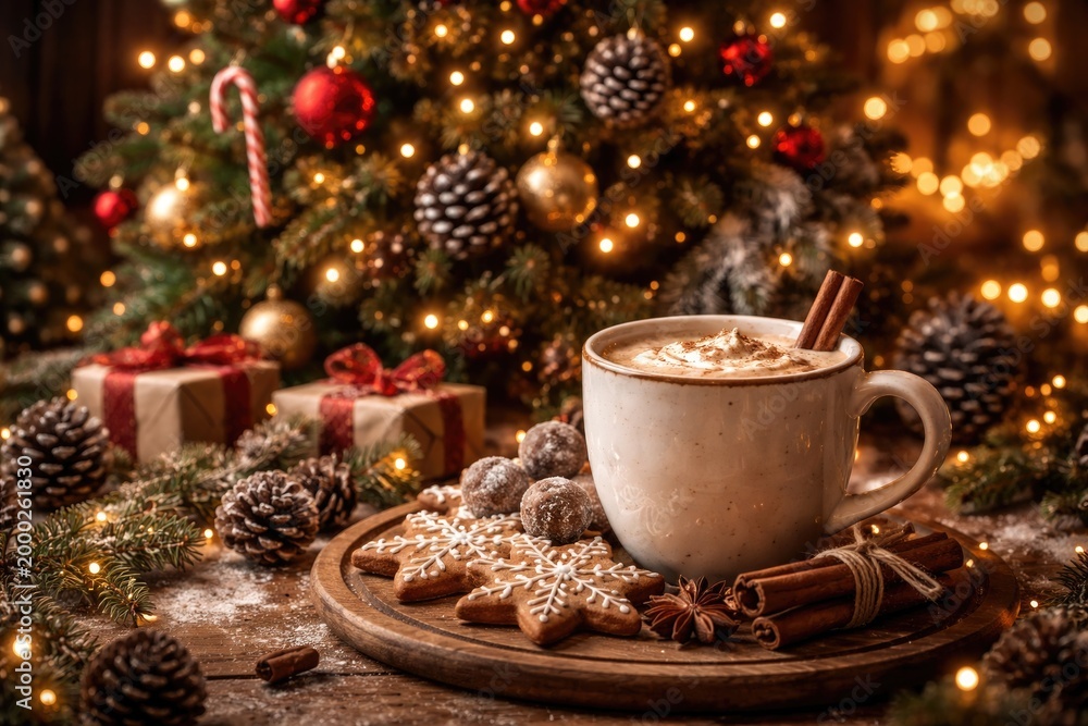Obraz premium Holiday decorated pine tree accompanied by hot coffee beverage