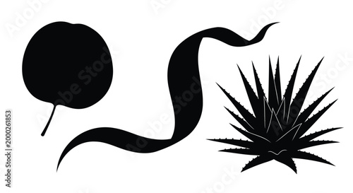 Black agave plant, prickly pear cactus, and snake vector icons, minimalist style
