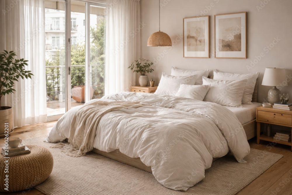 Fototapeta premium Domestic comfort shown by cozy white linen bed in stylish apartment room