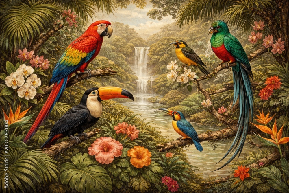 Fototapeta premium Classic retro style illustrations featuring tropical bird species