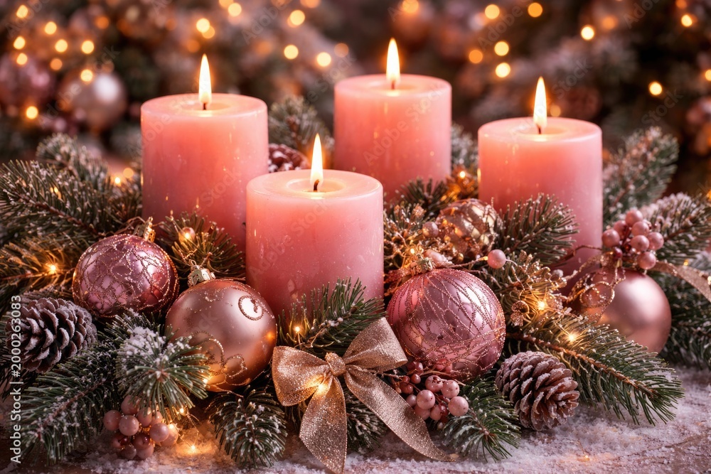 Fototapeta premium Christmas scene with glowing pink candles, pine branches, and elegant holiday ornaments