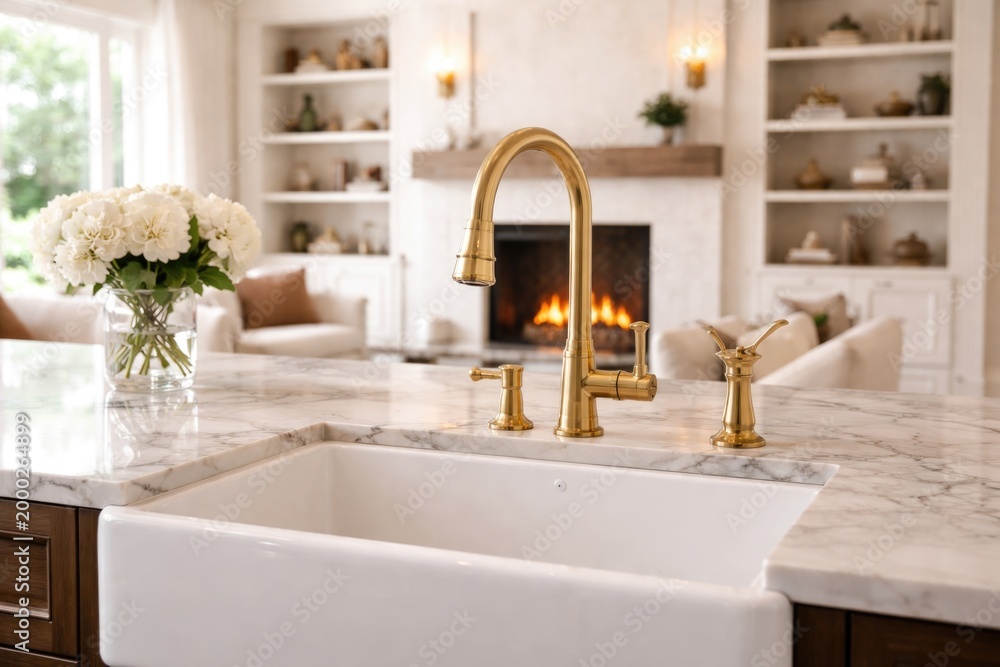 Obraz premium Gold faucet farmhouse sink close up in kitchen with marble countertop view of living room fireplace and shelves
