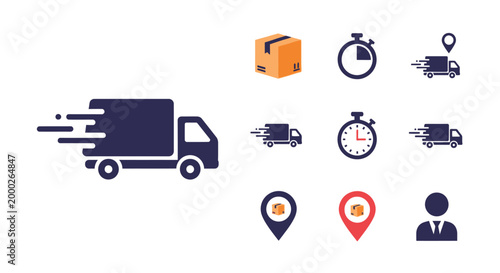 Delivery Icons Set: Truck, Box, Stopwatch, Location Pin, Courier - Fast Shipping
