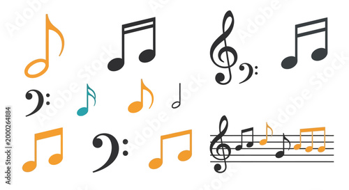 Colorful musical notes and symbols collection, treble and bass clefs