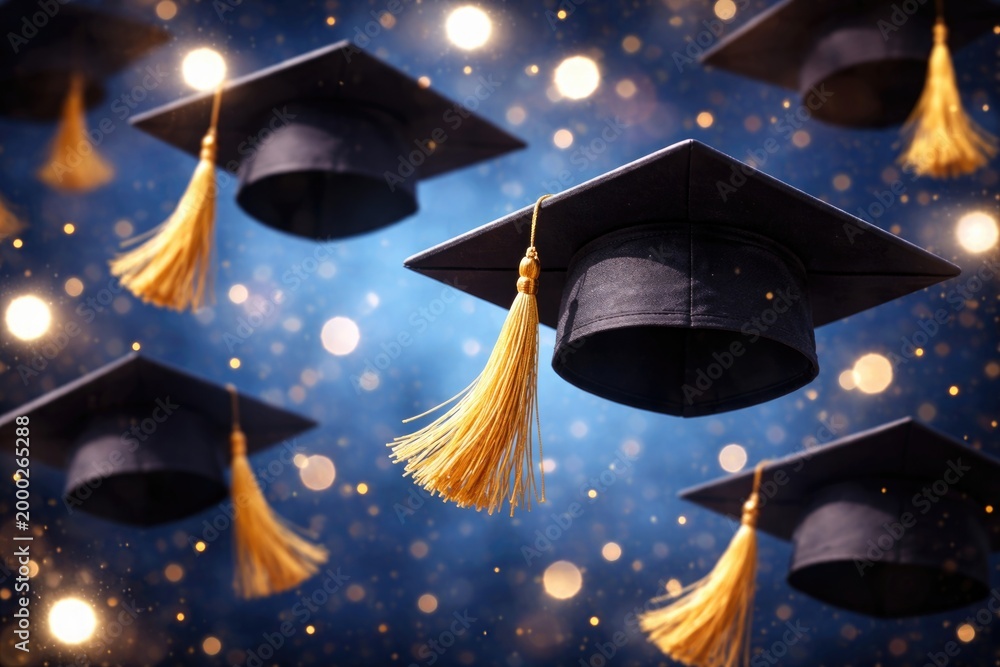 Fototapeta premium Blue background decorated with elegant graduation caps and radiant golden tassels plus sparkling bokeh effects