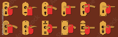 Door handle collection set. Various lock and handle designs with tag sign in flat style. Vector illustration