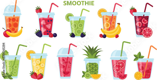 Smoothie and Fruit Drink Collection with Fresh Ingredients, Berries, Citrus, Pineapple, and Healthy Beverage Design