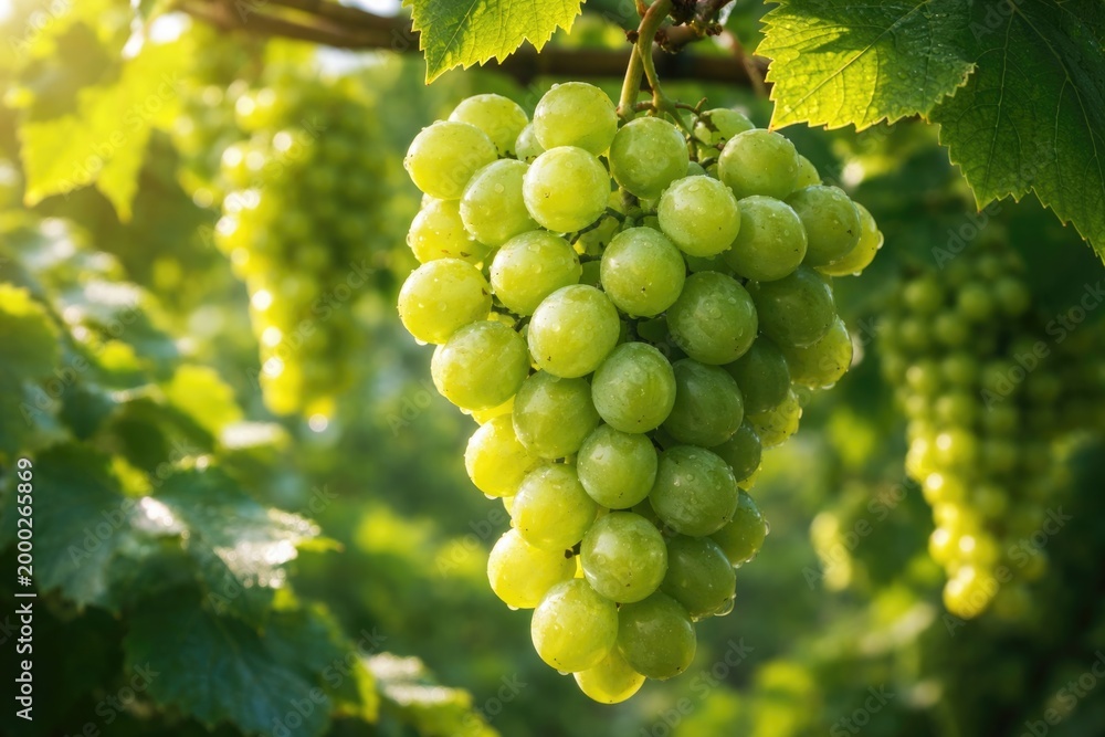 Fototapeta premium Healthy green grapes growing in lush bunch
