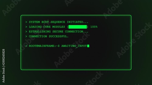 Retro Computer Terminal Screen Displaying System Boot Sequence and Secure Connection Established With Input Prompt