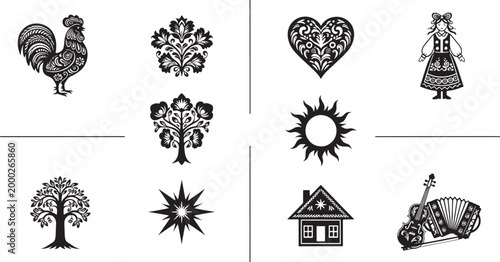 Black and white folk of rooster heart tree sun house violin accordion chicken bird farm animal