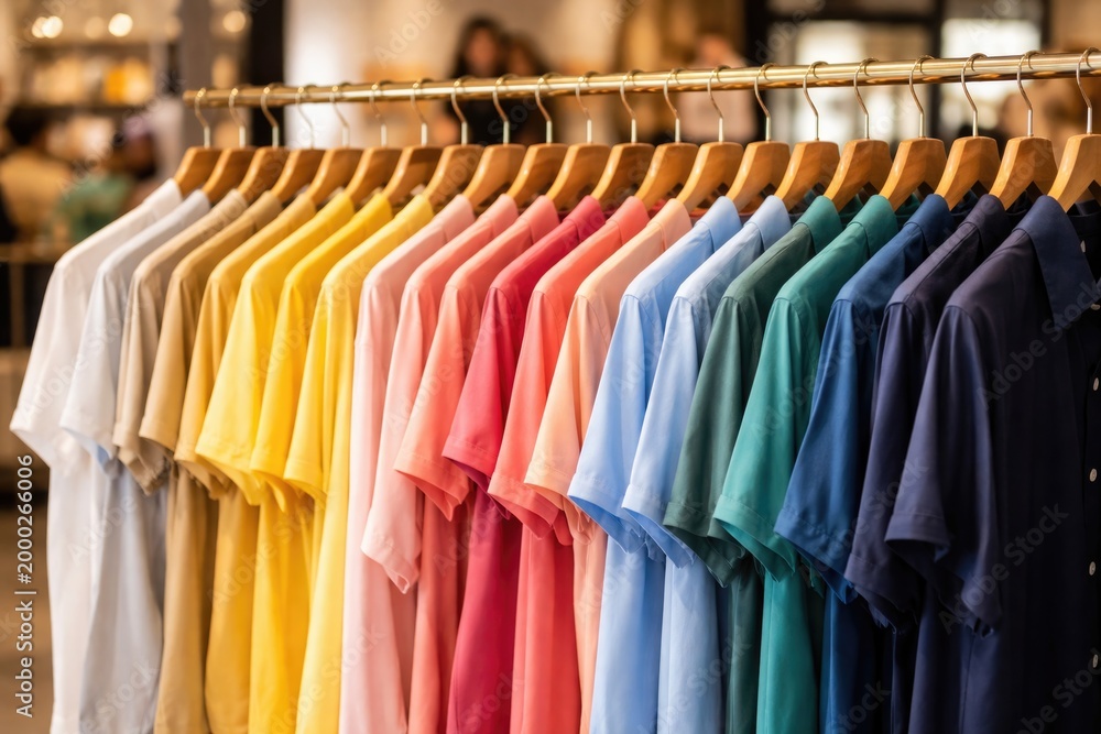 Obraz premium Array of multicolored shirts hanging side by side in a boutique