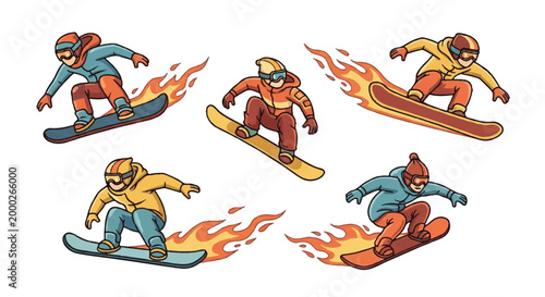 Snowboarders carving downhill with flames vector illustration