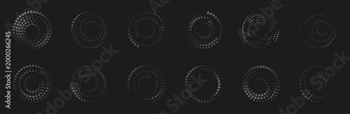 Halftone spiral collection set. Circular dotted patterns with gradient fade and dynamic abstract motion